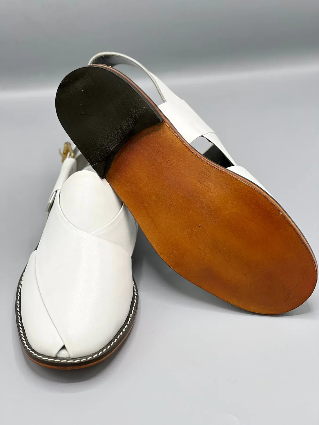 Laether Sole Peshawar Chappal White