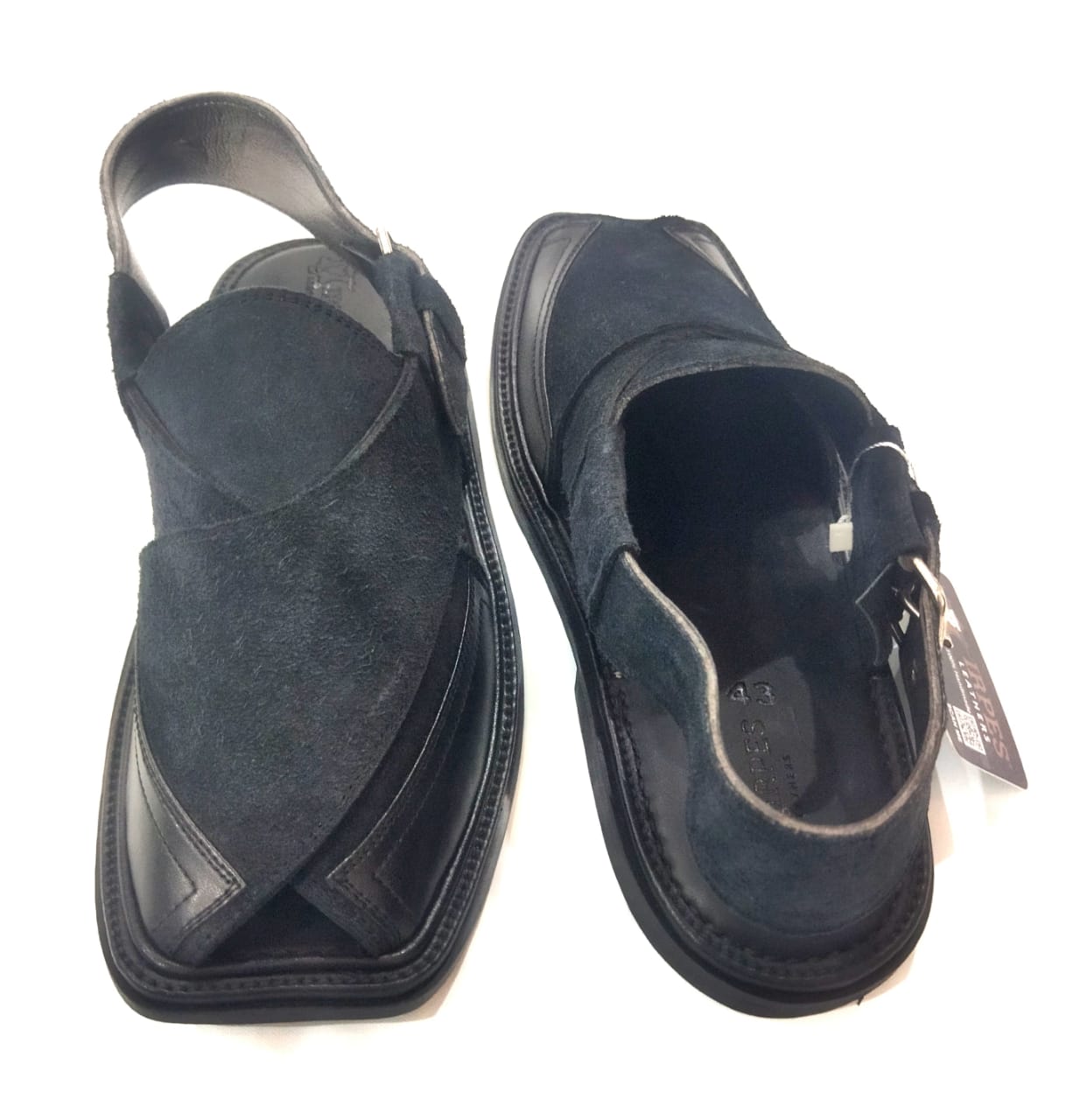 Black Textured Fabric Peshawari Chappal