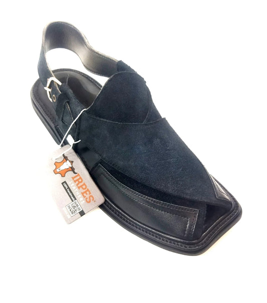 Black Textured Fabric Peshawari Chappal